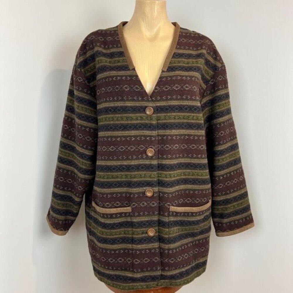 Vintage Marie Claire Women's Large Wool Blend Cardigan Sweater Shacket Fair Isle